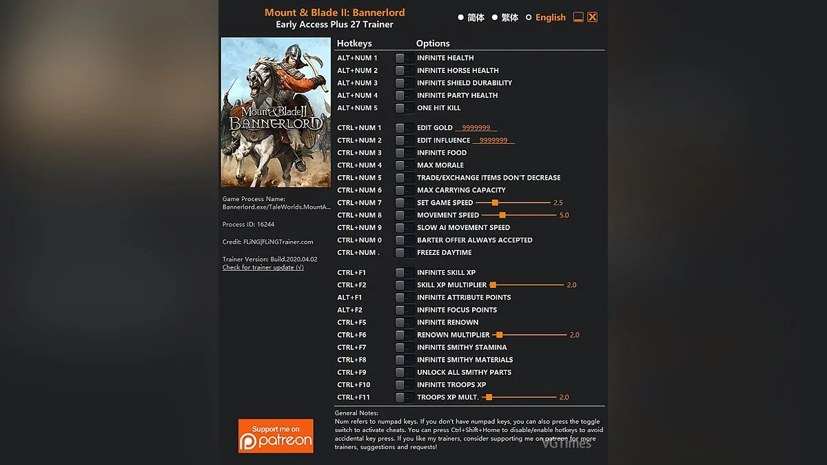 Mount & Blade 2: Bannerlord — Трейнер (+27) [EA: 03.04.2020]
