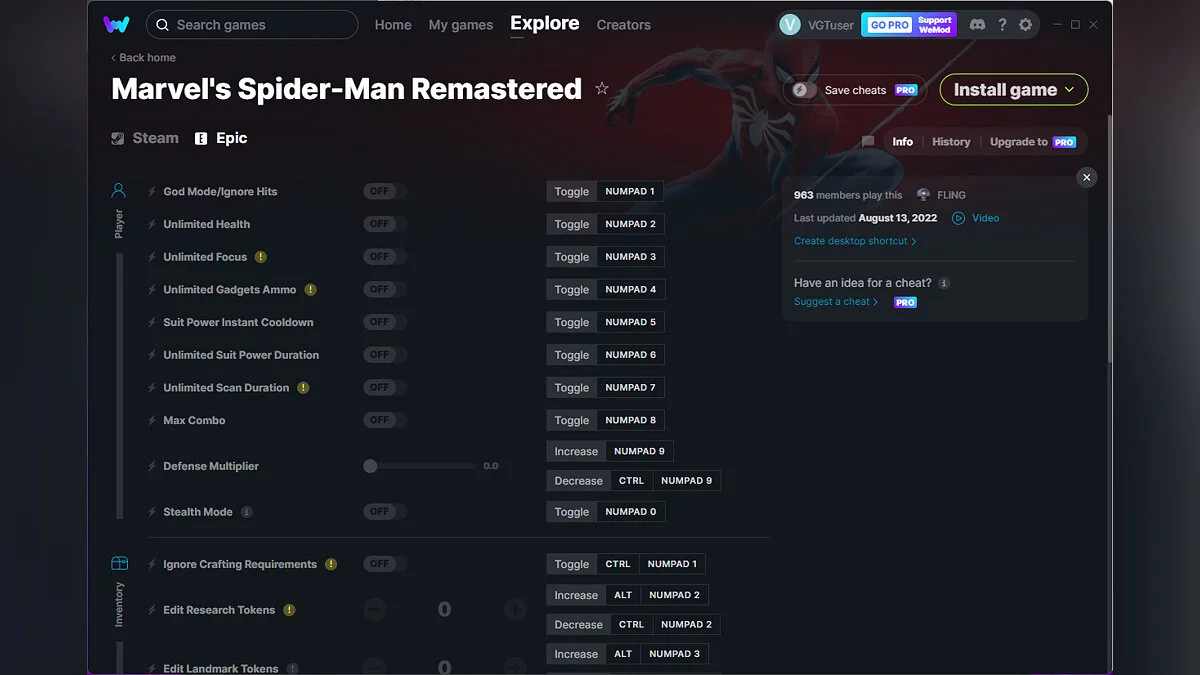Marvel's Spider-Man Remastered — Трейнер (+27) от 13.08.2022 [WeMod]