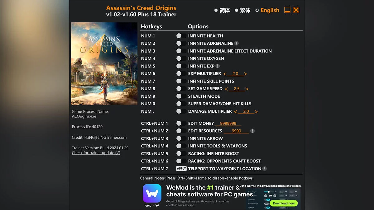 Assassin's Creed: Origins — Трейнер (+18) [1.02 - 1.60]