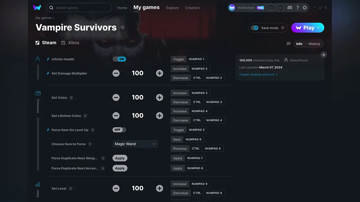 Vampire Survivors — Трейнер (+16) от 07.03.2024 [WeMod]