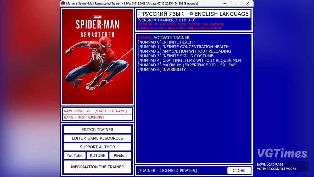 Marvel's Spider-Man Remastered — Трейнер (+8) [Ver 3.618.0.0] / Update 07.12.2025]